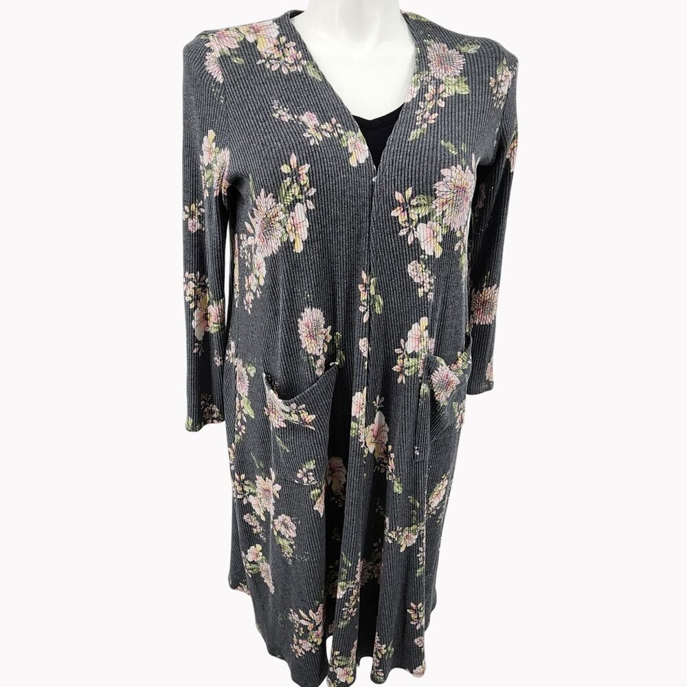 LuLaRoe Womens M Sarah Duster Cardigan Rose Floral V Neck Long Sweater Pockets